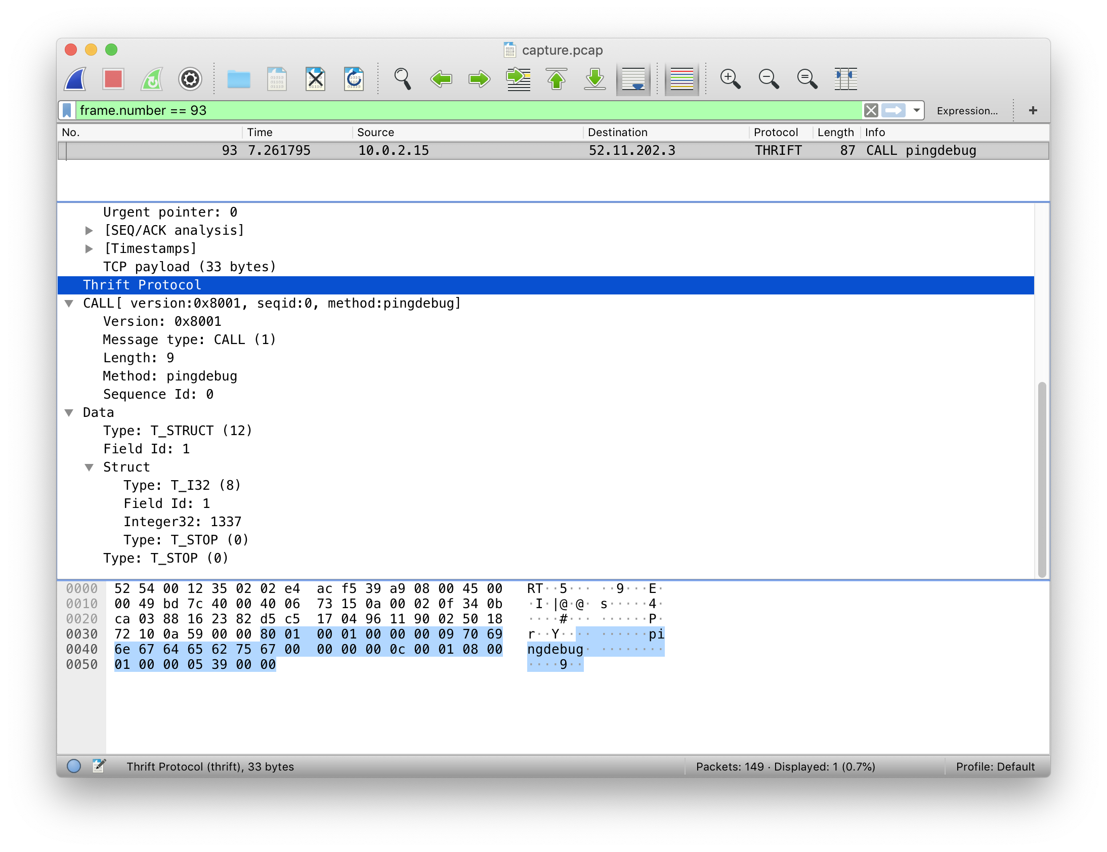 Thrift Packet for pingdebug