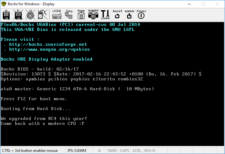 Running Boot sector in Bochs: CPU too old?